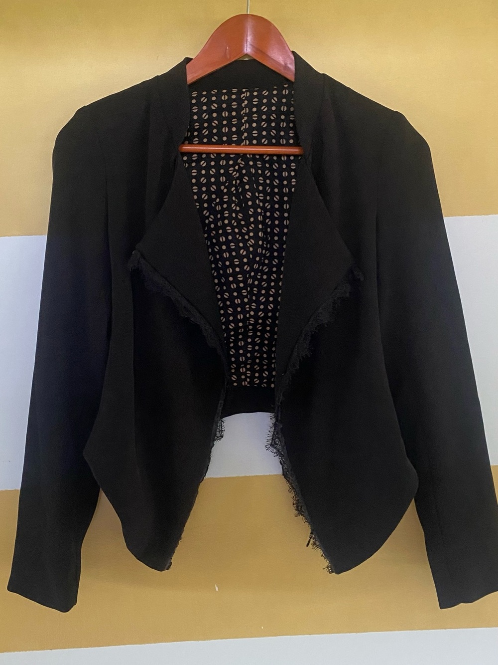 Women's Open-Front Cropped Waterfall Draped Jacket with Lace Trim